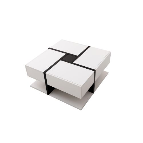 Table Basse Carrée Avec 4 Tiroirs, Rangement Ouvert, Design Linéaire Noir, Blanc
