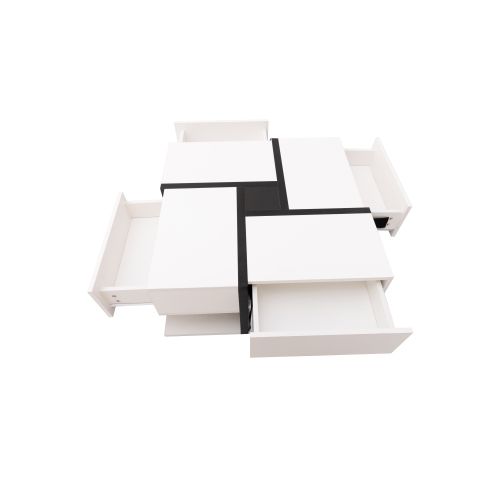 Table Basse Carrée Avec 4 Tiroirs, Rangement Ouvert, Design Linéaire Noir, Blanc