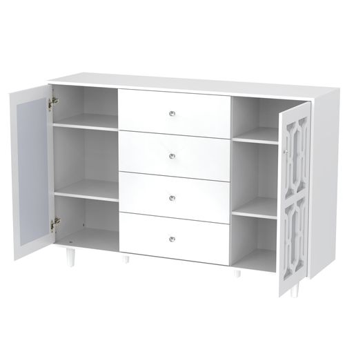 Buffet 4 Tiroirs Et 2 Portes Miroir, Poignées Cristal - Blanc