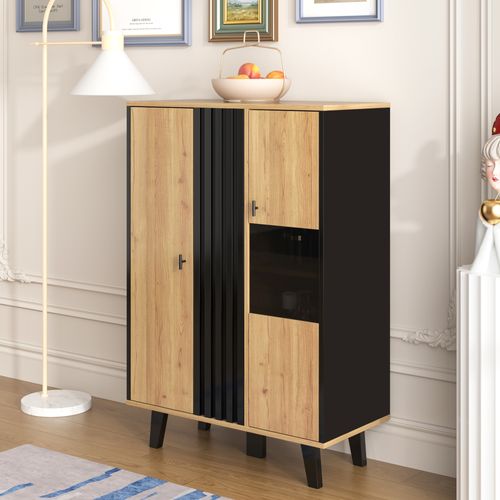 Buffet LED Haut.120cm Bois Et Noir Porte Vitrée