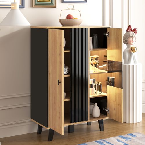 Buffet LED Haut.120cm Bois Et Noir Porte Vitrée