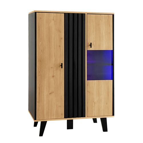 Buffet LED Haut.120cm Bois Et Noir Porte Vitrée