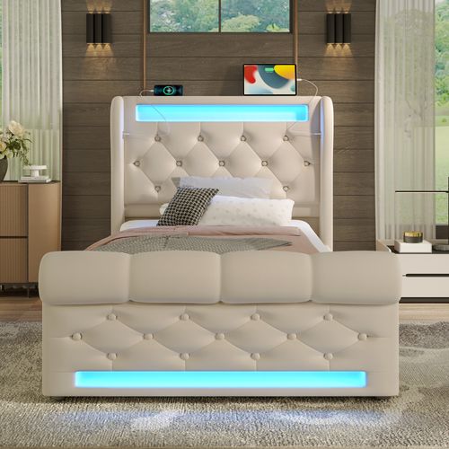 Lit Coffre Simple 90x200cm Avec LED Et Ports De Charge, Velours Beige