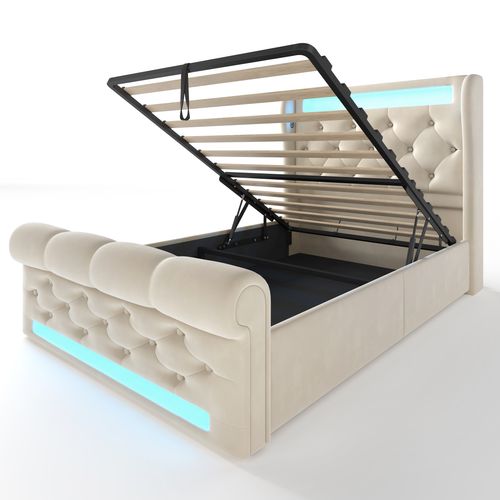 Lit Coffre Simple 90x200cm Avec LED Et Ports De Charge, Velours Beige
