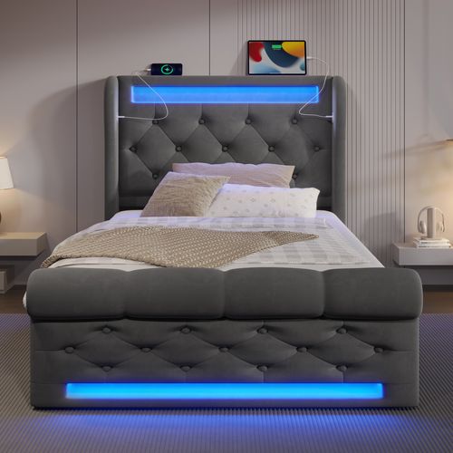 Lit Coffre Enfant 90x200cm Avec LED Et Ports De Charge, Velours Gris