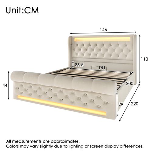 Lit Coffre LED 140x200cm Avec Sommier Et Rangement, Port USB/type-c, Velours Beige