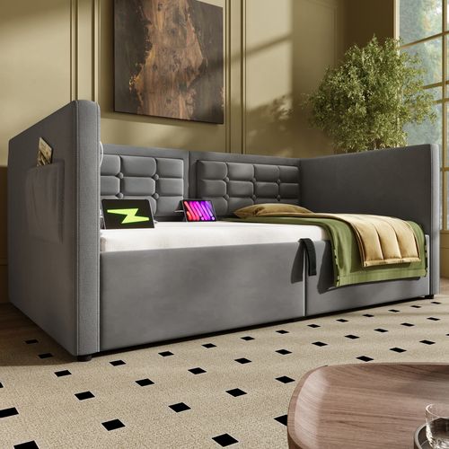 Lit Coffre Enfant 90x190cm Avec Port De Charge Et Rangement, Lit Banquette, Velours Gris