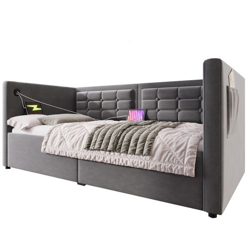 Lit Coffre 90x200cm Avec Port USB, Lit Banquette Avec Sommier Et Rangement, Velours Gris