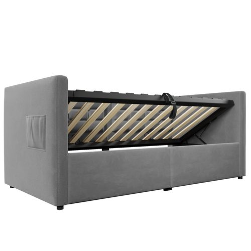 Lit Coffre 90x200cm Avec Port USB, Lit Banquette Avec Sommier Et Rangement, Velours Gris
