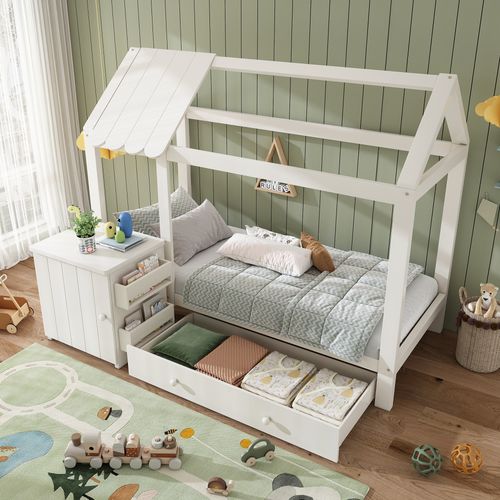 Lit Cabane Enfant 90x200cm En Pin Blanc Avec Tiroir Et Chevet, Sommier Et Rangement