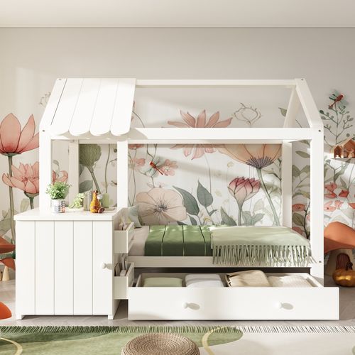 Lit Cabane Enfant 90x200cm En Pin Blanc Avec Tiroir Et Chevet, Sommier Et Rangement