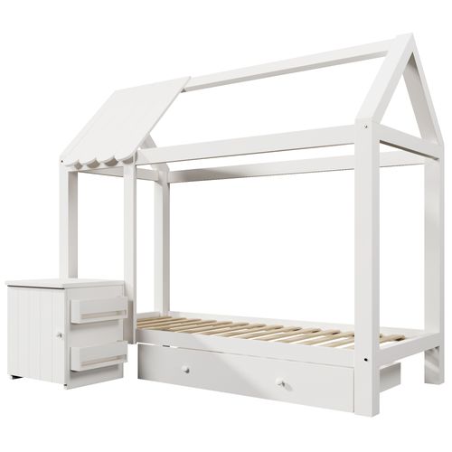 Lit Cabane Enfant 90x200cm En Pin Blanc Avec Tiroir Et Chevet, Sommier Et Rangement