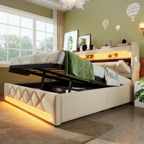 Lit Coffre 140x200cm Avec LED, Ports De Charge Et Tête De Lit Avec Rangement, Lin Beige