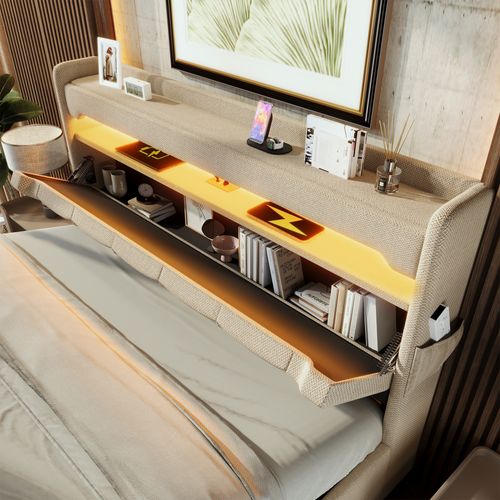 Lit Coffre 140x200cm Avec LED, Ports De Charge Et Tête De Lit Avec Rangement, Lin Beige