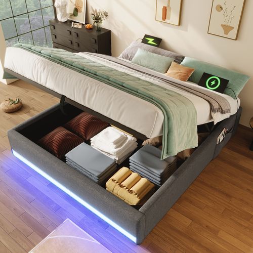 Lit Coffre Adulte 140x200cm Avec LED Et Port De Charge, Lin Gris