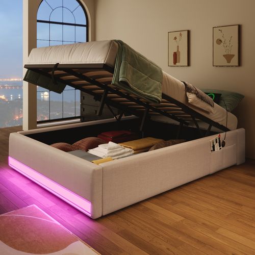 Lit Coffre 90x200cm Avec LED Et Ports De Charge, Sommier Relevable, Lin Beige