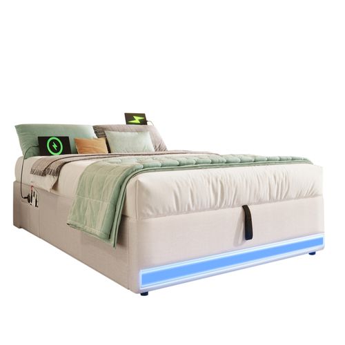 Lit Coffre 90x200cm Avec LED Et Ports De Charge, Sommier Relevable, Lin Beige
