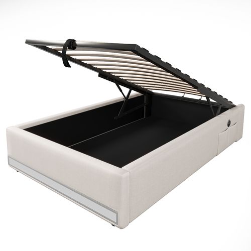 Lit Coffre 90x200cm Avec LED Et Ports De Charge, Sommier Relevable, Lin Beige
