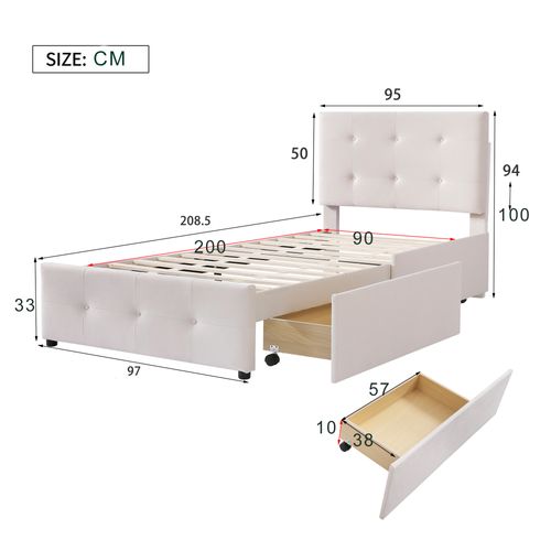 Lit 90 X 200cm, lit enfant Avec 2 Tiroirs, Velours Beige
