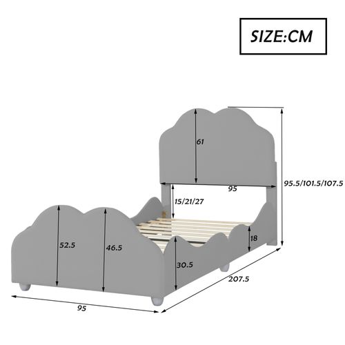 Lit Enfant 90 X 200 Cm Avec Tête De Lit En Forme De Nuage, Velours Gris