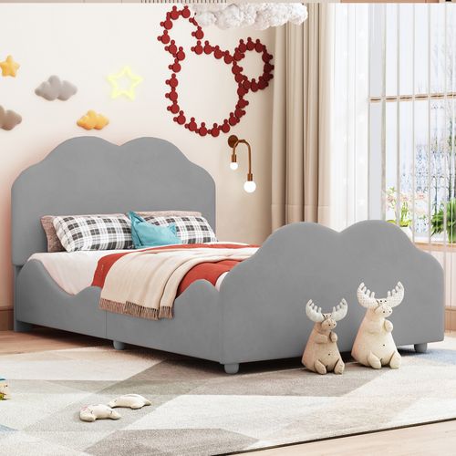 Lit Enfant 90 X 200 Cm Avec Tête De Lit En Forme De Nuage, Velours Gris