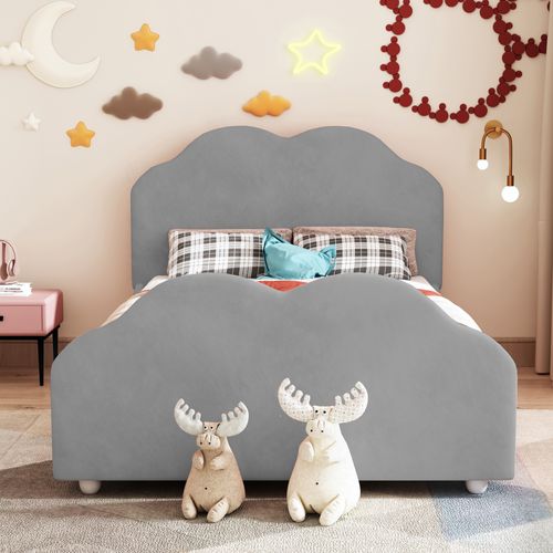 Lit Enfant 90 X 200 Cm Avec Tête De Lit En Forme De Nuage, Velours Gris