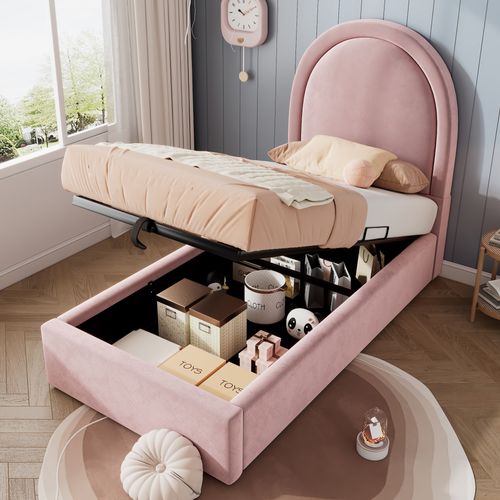 Lit Coffre Enfant 90x200cm Rose, Velours