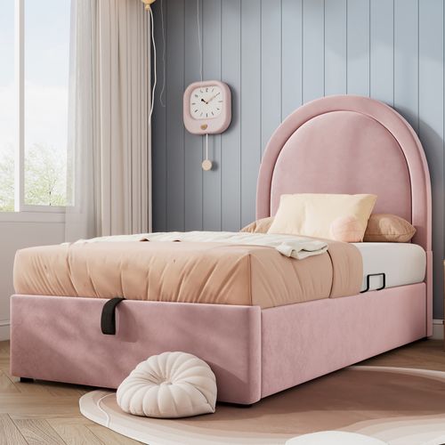 Lit Coffre Enfant 90x200cm Rose, Velours