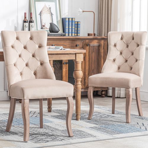 Lot De 2 Chaises De Salle à Manger En Velours, Dossier Haut Avec Boutons, Pieds En Bois, Beige