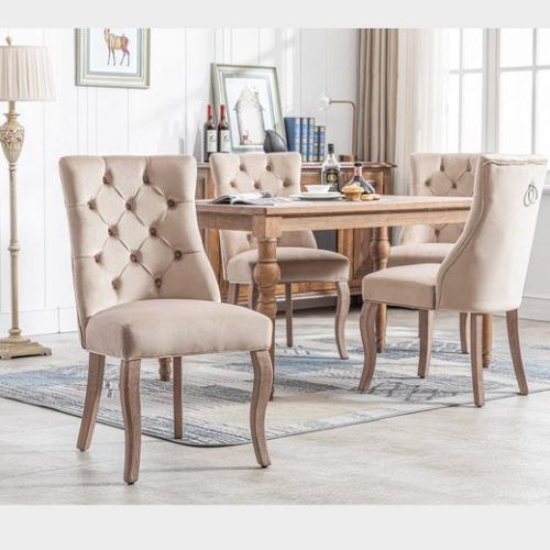 Lot De 4 Chaises De Salle à Manger En Velours, Dossier Haut Avec Boutons, Pieds En Bois, Beige