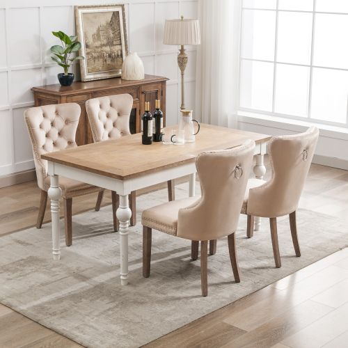Lot De 4 Chaises En Velours Avec Dossiers Rembourrés Et Clous Décoratifs, Pieds En Bois, Beige