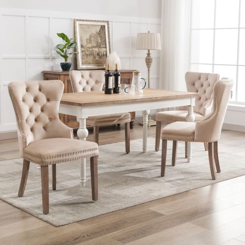 Lot De 4 Chaises En Velours Avec Dossiers Rembourrés Et Clous Décoratifs, Pieds En Bois, Beige