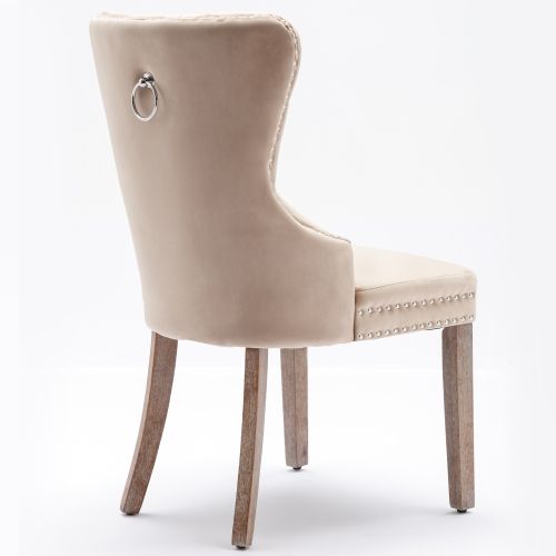 Lot De 4 Chaises En Velours Avec Dossiers Rembourrés Et Clous Décoratifs, Pieds En Bois, Beige
