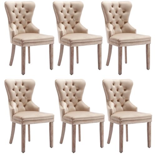 Lot De 6 Chaises En Velours Avec Dossiers Rembourrés Et Clous Décoratifs, Pieds En Bois, Beige