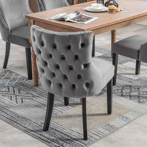 Lot De 2 Chaises De Salle à Manger, Dossiers Avec Boutons Décoratifs, Pieds En Bois, Velours Gris