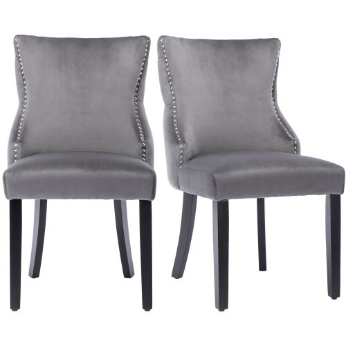 Lot De 2 Chaises De Salle à Manger, Dossiers Avec Boutons Décoratifs, Pieds En Bois, Velours Gris