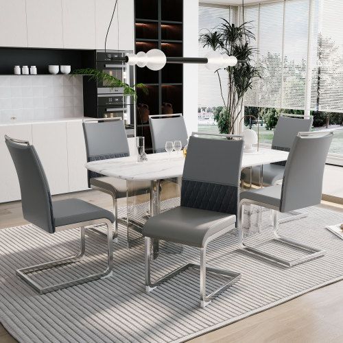 Lot De 6 Chaises Gris, Dossier En Pu Et Lin, Cadre En Métal, Pour Salle à Manger Ou Bureau