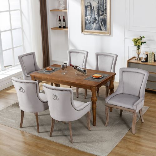 Lot De 6 Chaises En Velours Avec Dossier Rembourré, Garniture Cloutée, Pieds En Bois, Gris