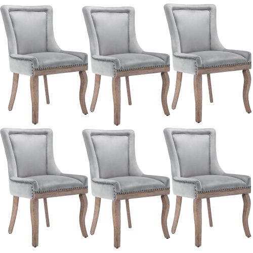 Lot De 6 Chaises En Velours Avec Dossier Rembourré, Garniture Cloutée, Pieds En Bois, Gris