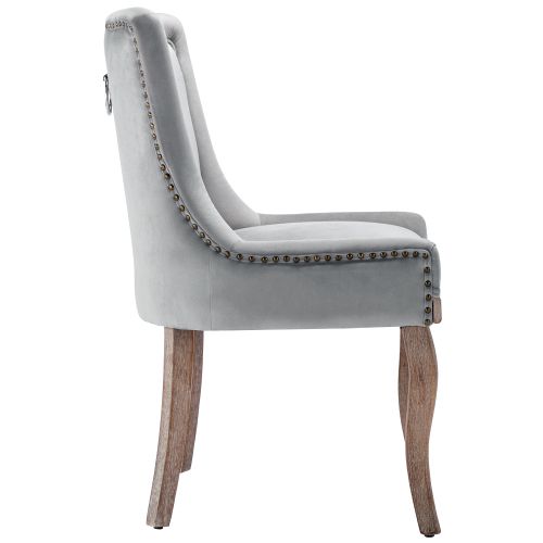 Lot De 6 Chaises En Velours Avec Dossier Rembourré, Garniture Cloutée, Pieds En Bois, Gris