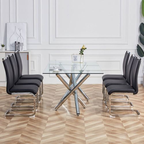 Lot De 4 Chaises De Salle à Manger, Dossier Ergonomique, Pieds En Métal Argenté, Similicuir Noir
