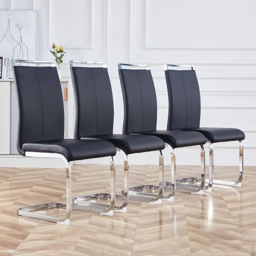 Lot De 4 Chaises De Salle à Manger, Dossier Ergonomique, Pieds En Métal Argenté, Similicuir Noir