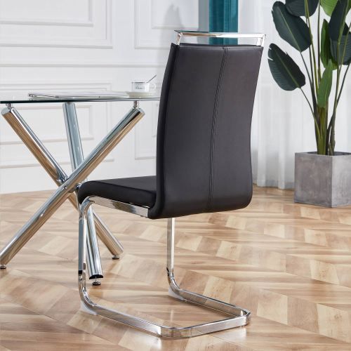 Lot De 4 Chaises De Salle à Manger, Dossier Ergonomique, Pieds En Métal Argenté, Similicuir Noir