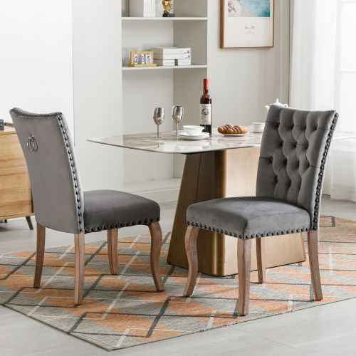 Lot De 2 Chaises De Salle à Manger En Velours Gris, Dossier Avec Anneau Décoratif, Pieds En Bois