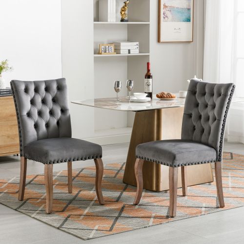 Lot De 2 Chaises De Salle à Manger En Velours Gris, Dossier Avec Anneau Décoratif, Pieds En Bois