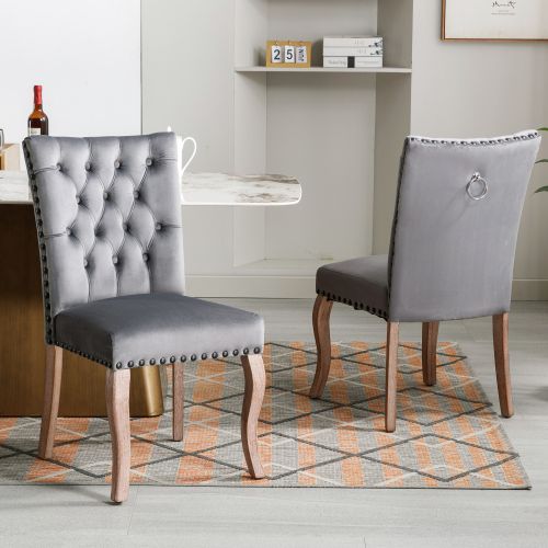 Lot De 2 Chaises De Salle à Manger En Velours Gris, Dossier Avec Anneau Décoratif, Pieds En Bois