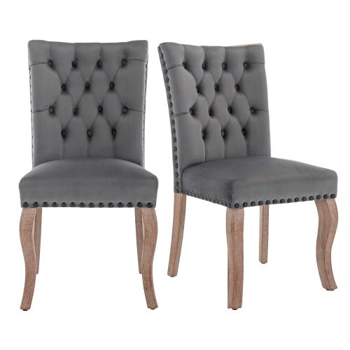 Lot De 2 Chaises De Salle à Manger En Velours Gris, Dossier Avec Anneau Décoratif, Pieds En Bois