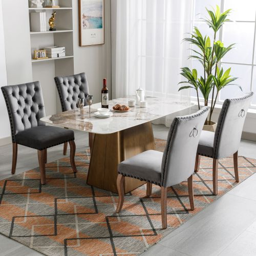 Lot De 4 Chaises De Salle à Manger En Velours Gris, Dossier Avec Anneau Décoratif, Pieds En Bois