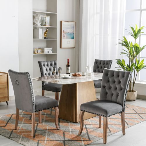 Lot De 4 Chaises De Salle à Manger En Velours Gris, Dossier Avec Anneau Décoratif, Pieds En Bois
