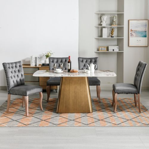 Lot De 4 Chaises De Salle à Manger En Velours Gris, Dossier Avec Anneau Décoratif, Pieds En Bois
